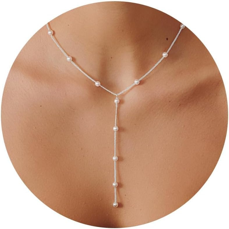 PRTGL Store Pearl Necklace: 14K Gold-Plated/White Gold-plated Pearl Necklace for Women 16.5” + 2” - Image 1